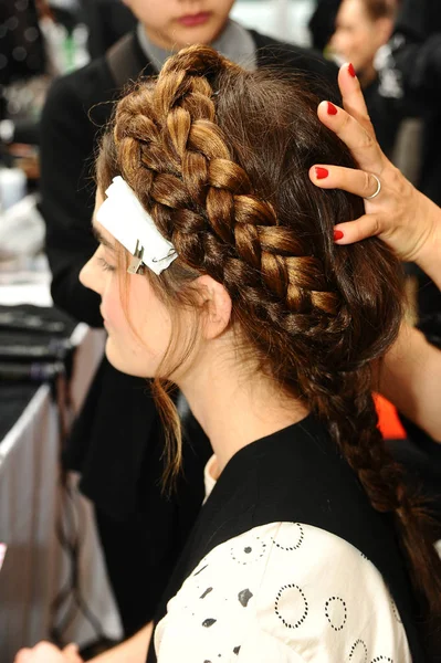 New York October Model Getting Ready Backstage Ines Santo Fall — Stock Photo, Image