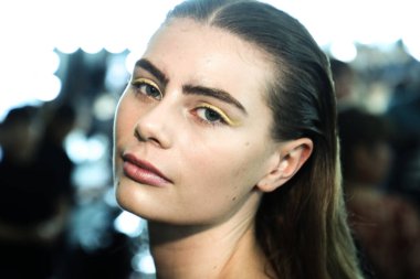 NEW YORK, NY - SEPTEMBER 08: A model posing backstage before the Custo Barcelona show during New York Fashion Week: The Shows at Pier 59 on September 8, 2018 in New York City. 