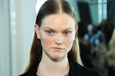 NEW YORK, NY - SEPTEMBER 08: A model posing backstage before the Custo Barcelona show during New York Fashion Week: The Shows at Pier 59 on September 8, 2018 in New York City. 
