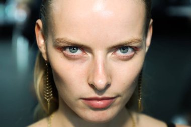 NEW YORK, NY - SEPTEMBER 08: A model posing backstage before the Custo Barcelona show during New York Fashion Week: The Shows at Pier 59 on September 8, 2018 in New York City. 