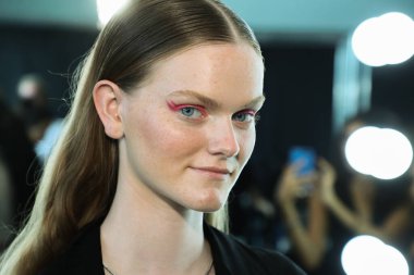 NEW YORK, NY - SEPTEMBER 08: A model posing backstage before the Custo Barcelona show during New York Fashion Week: The Shows at Pier 59 on September 8, 2018 in New York City. 