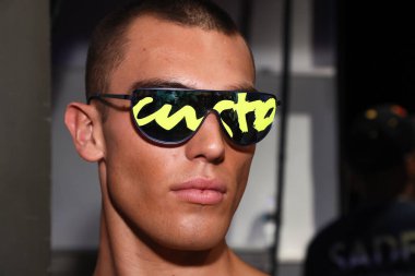 NEW YORK, NY - SEPTEMBER 08: A model posing backstage before the Custo Barcelona show during New York Fashion Week: The Shows at Pier 59 on September 8, 2018 in New York City. 