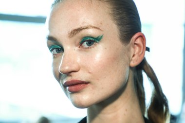 NEW YORK, NY - SEPTEMBER 08: A model posing backstage before the Custo Barcelona show during New York Fashion Week: The Shows at Pier 59 on September 8, 2018 in New York City. 