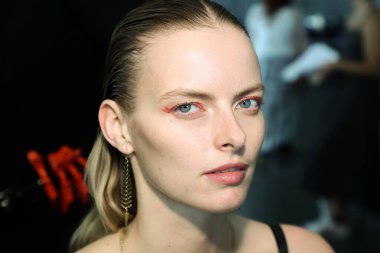 NEW YORK, NY - SEPTEMBER 08: A model posing backstage before the Custo Barcelona show during New York Fashion Week: The Shows at Pier 59 on September 8, 2018 in New York City. 