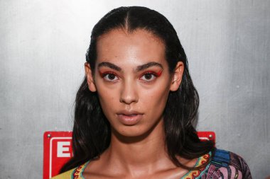 NEW YORK, NY - SEPTEMBER 08: A model posing backstage before the Custo Barcelona show during New York Fashion Week: The Shows at Pier 59 on September 8, 2018 in New York City. 