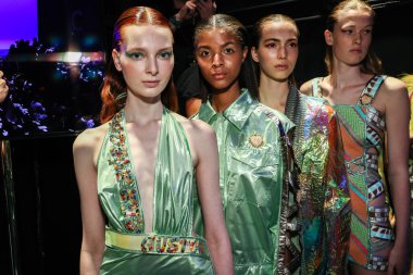 NEW YORK, NY - SEPTEMBER 08: Models posing backstage before the Custo Barcelona show during New York Fashion Week: The Shows at Pier 59 on September 8, 2018 in New York City. 