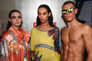 NEW YORK, NY - SEPTEMBER 08: Models posing backstage before the Custo Barcelona show during New York Fashion Week: The Shows at Pier 59 on September 8, 2018 in New York City. 