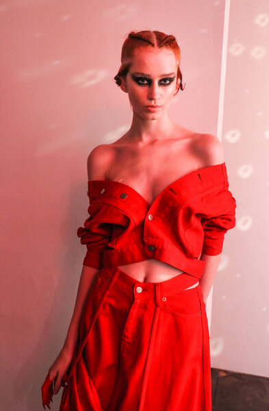 NEW YORK, NEW YORK - SEPTEMBER 10: A model posing backstage during Kaimin Ready to Wear Spring/Summer 2020 fashion show during New York Fashion Week on September 10, 2019 in New York City.