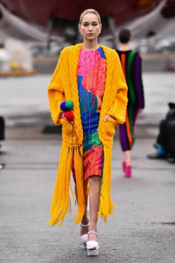 JAMAICA, NEW YORK - 06 Şubat 2020 'de DHL JFK Havalimanı' nda Jessica Minh Anhs Moda Fuarı sırasında VUNGOC ve Oğlu için podyumda bir model yürüyor 