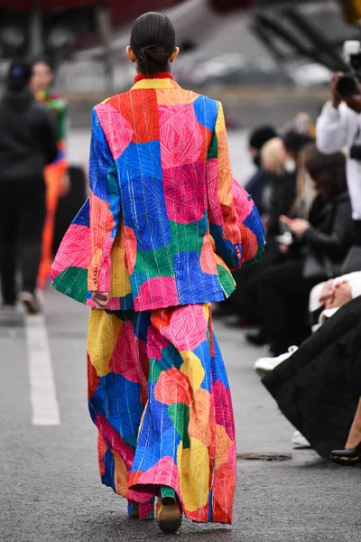 JAMAICA, NEW YORK - 06 Şubat 2020 'de DHL JFK Havalimanı' nda Jessica Minh Anhs Moda Fuarı sırasında VUNGOC ve Oğlu için podyumda bir model yürüyor 