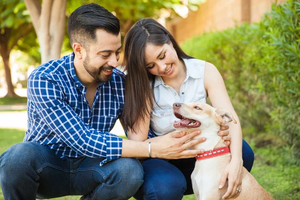 Couple taking their dog for a walk — Stock Photo, Image