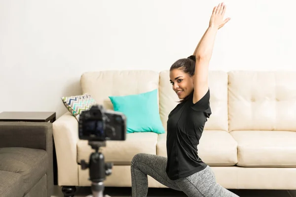 Yoga instructor and blogger recording video — Stock Photo, Image