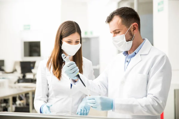 Equipe de cientistas fazendo algum trabalho em um laboratório — Fotografia de Stock