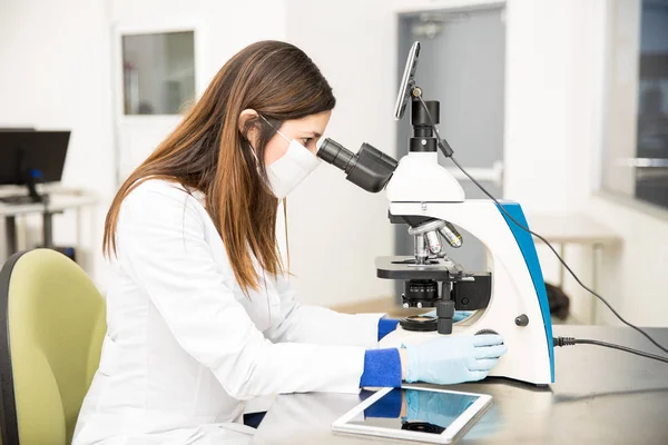 Mujer usando microscopio —  Fotos de Stock