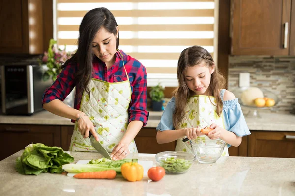 Anne ve kızı salatası yapmak — Stok fotoğraf