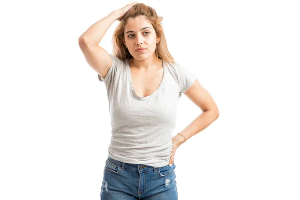 Woman in casual looking stressed — Stock Photo, Image
