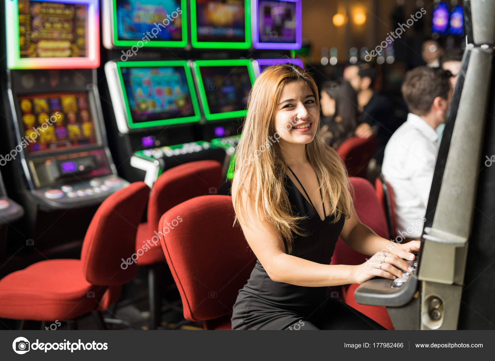 Portrait Cute Caucasian Young Woman Playing Slot Machine ...