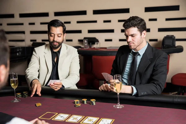 Good Looking Latin Man Suit Placing Bet Poker Game Casino — Stock Photo, Image