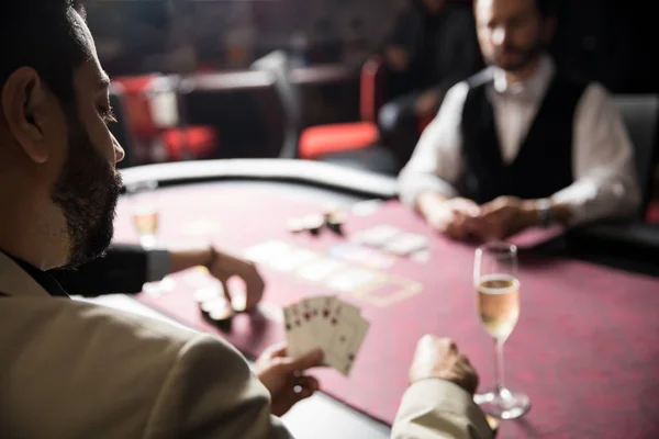 Point View Young Man Suit Placing Bet Poker Game Casino — Stock Photo, Image