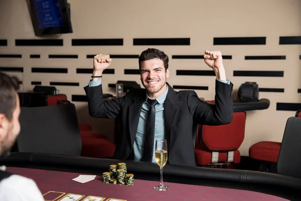 Attractive Hispanic Young Man Suit Celebrating His Victory Poker Game — Stock Photo, Image