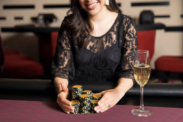 Closeup Happy Woman Holding Bunch Poker Chips Winning Game Casino — Stock Photo, Image