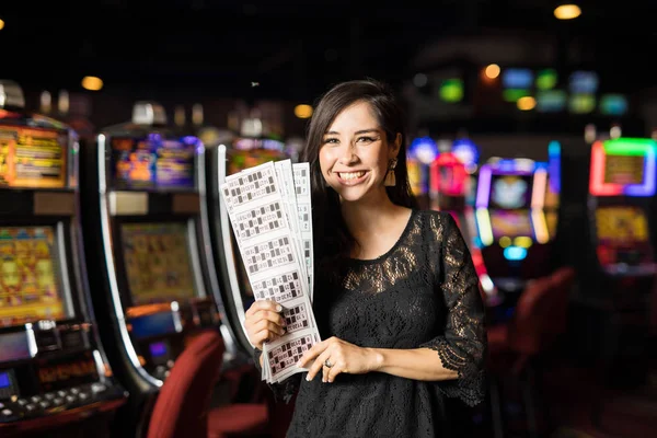 Beautiful Young Woman Holding Bunch Lottery Bingo Tickets Winning Slot — Stock Photo, Image