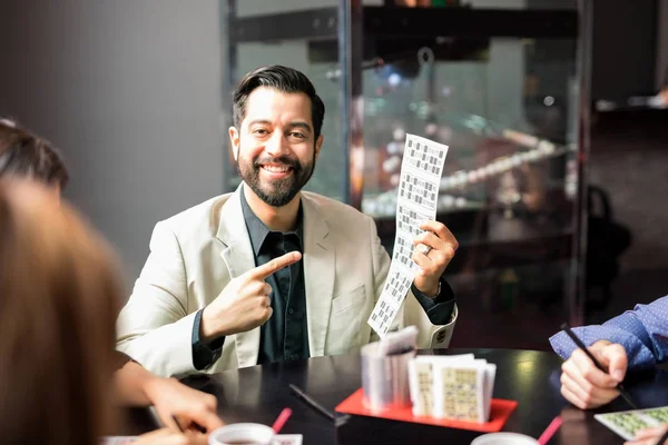 Handsome Young Man Suit Looking Excited Winning Lottery Game Casino — Stock Photo, Image