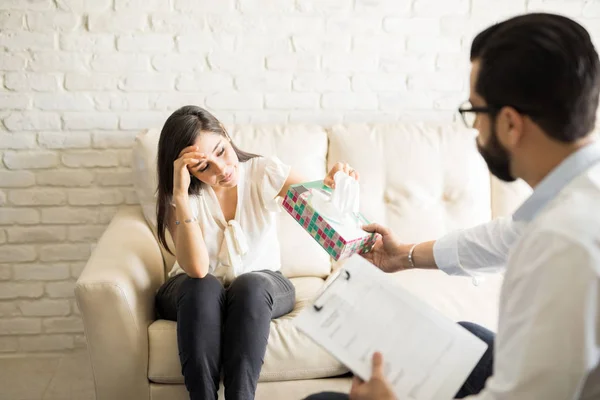 Woman sharing mental issues with psychiatrist — Stock Photo, Image