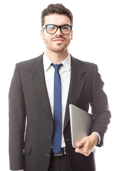 Confident man in suit with tablet — Stock Photo, Image