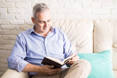 Ev iç iyi olgun adam kanepede rahatlatıcı seyir ve kitap okuma
