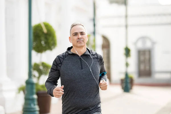 Homme Âge Moyen Actif Faisant Jogging Exercice Plein Air Dans — Photo