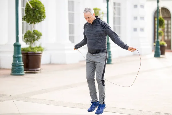 Healthy Fit Mature Man Using Jump Rope Exercise Outdoors City — Stock Photo, Image