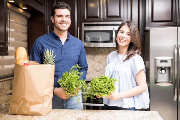 Portrait Beautiful Hispanic Couple Holding Green Leaves Lettuce Coriander Kitchen — Stock Photo, Image