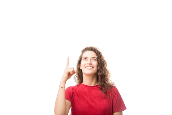 Attractive Young Woman Looking Pointing Copy Space Isolated White Background — Stock Photo, Image