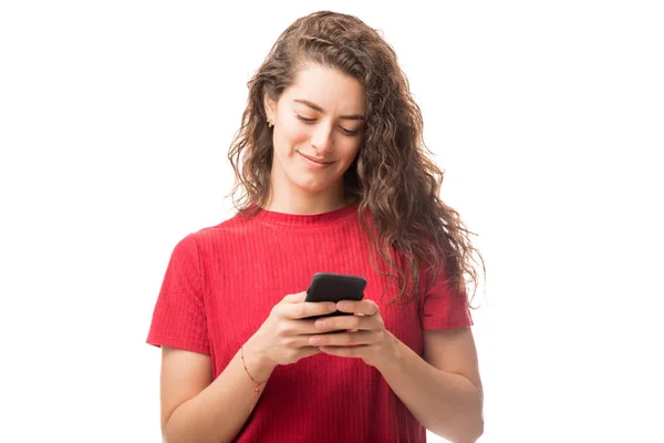 Pretty Young Caucasian Girl Using Her Mobile Phone Isolated White — Stock Photo, Image