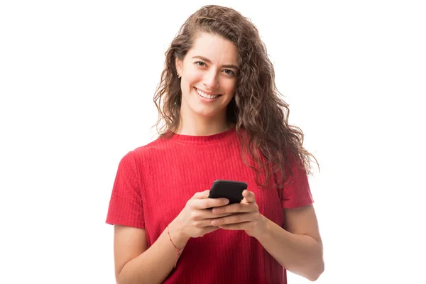 Good Looking Woman Smart Phone Making Eye Contact Isolated White — Stock Photo, Image