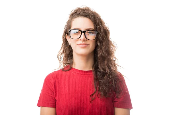 Young Nerdy Woman Glasses Standing Isolated White Background Making Eye — Stock Photo, Image