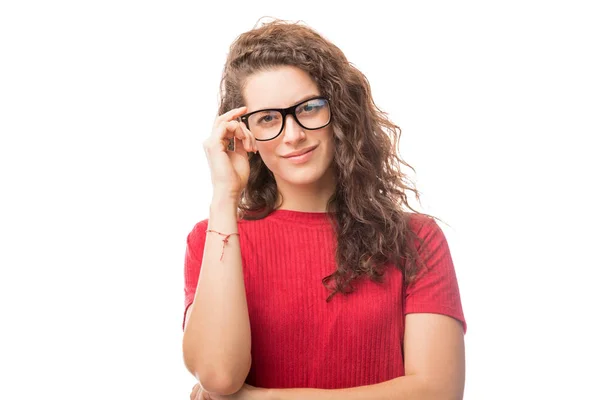 Retrato Uma Jovem Mulher Linda Com Óculos Isolados Fundo Branco — Fotografia de Stock