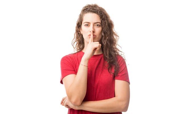 Beautiful Young Woman Gesturing Silence Her Finger Her Lips Isolated — Stock Photo, Image