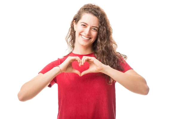 Portrait Cute Young Woman Making Heart Shape Her Hands Isolated — Stock Photo, Image