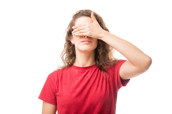 Beautiful Young Woman Covering Her Eyes Hand Isolated White Background — Stock Photo, Image