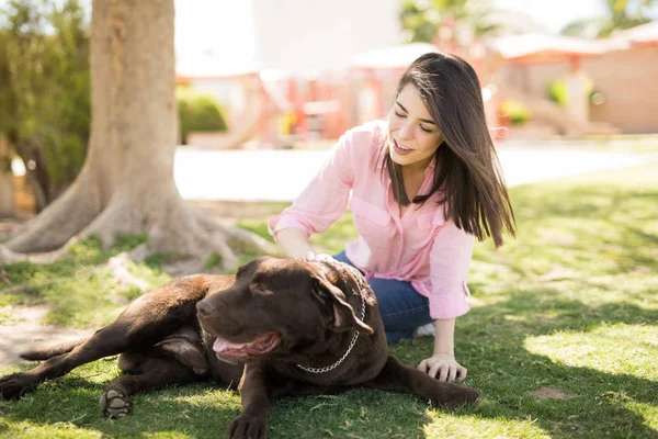 Портрет Красивой Латинской Женщины Играющей Расслабляющей Собакой Саду — стоковое фото