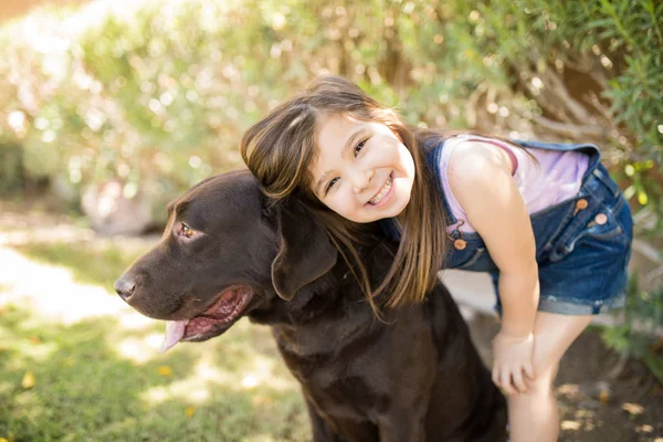 Adorável Menina Dobra Para Clicar Foto Com Labrador Chocolate Parque — Fotografia de Stock