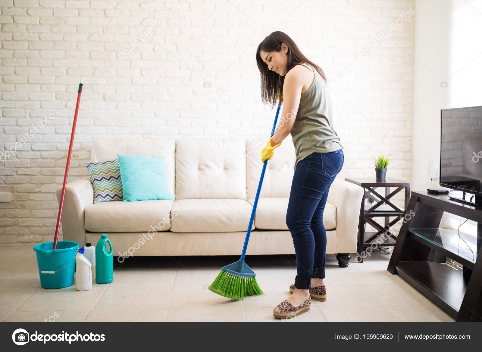 Happy Young Maid Sweeping Floor Green Blue Broom Home Stock