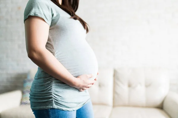Side View Pregnant Woman Touching Her Abdomen While Standing Living — Stock Photo, Image