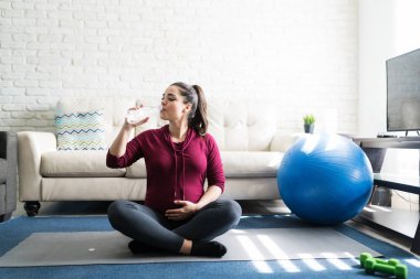 Oturma odasındaki kanepeye karşı şişeden su içen hamile bir kadın.