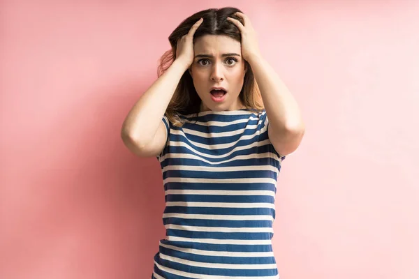 Shocked Young Woman Open Mouth Hand Hair Standing Colored Background — Stock Photo, Image