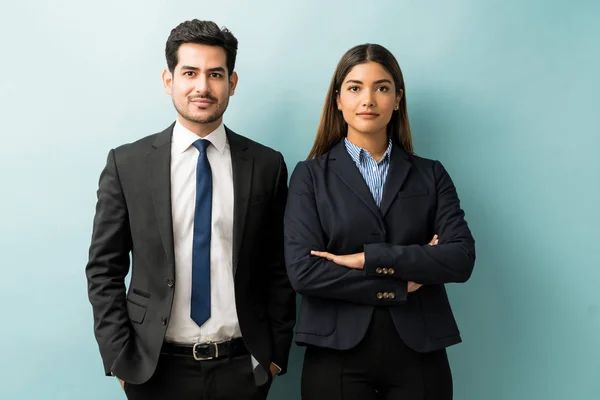 Confident Hispanic Business Partners Standing Isolated Background — Stock Photo, Image