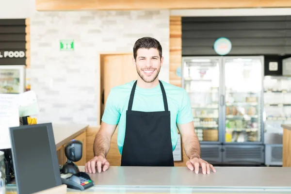 Portrait Handsome Male Cashier Checkout Counter Grocery Store — 스톡 사진