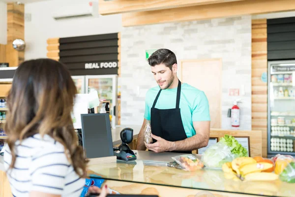 Handsome Male Owner Scanning Products Checkout Counter Supermarket — Stock Photo, Image